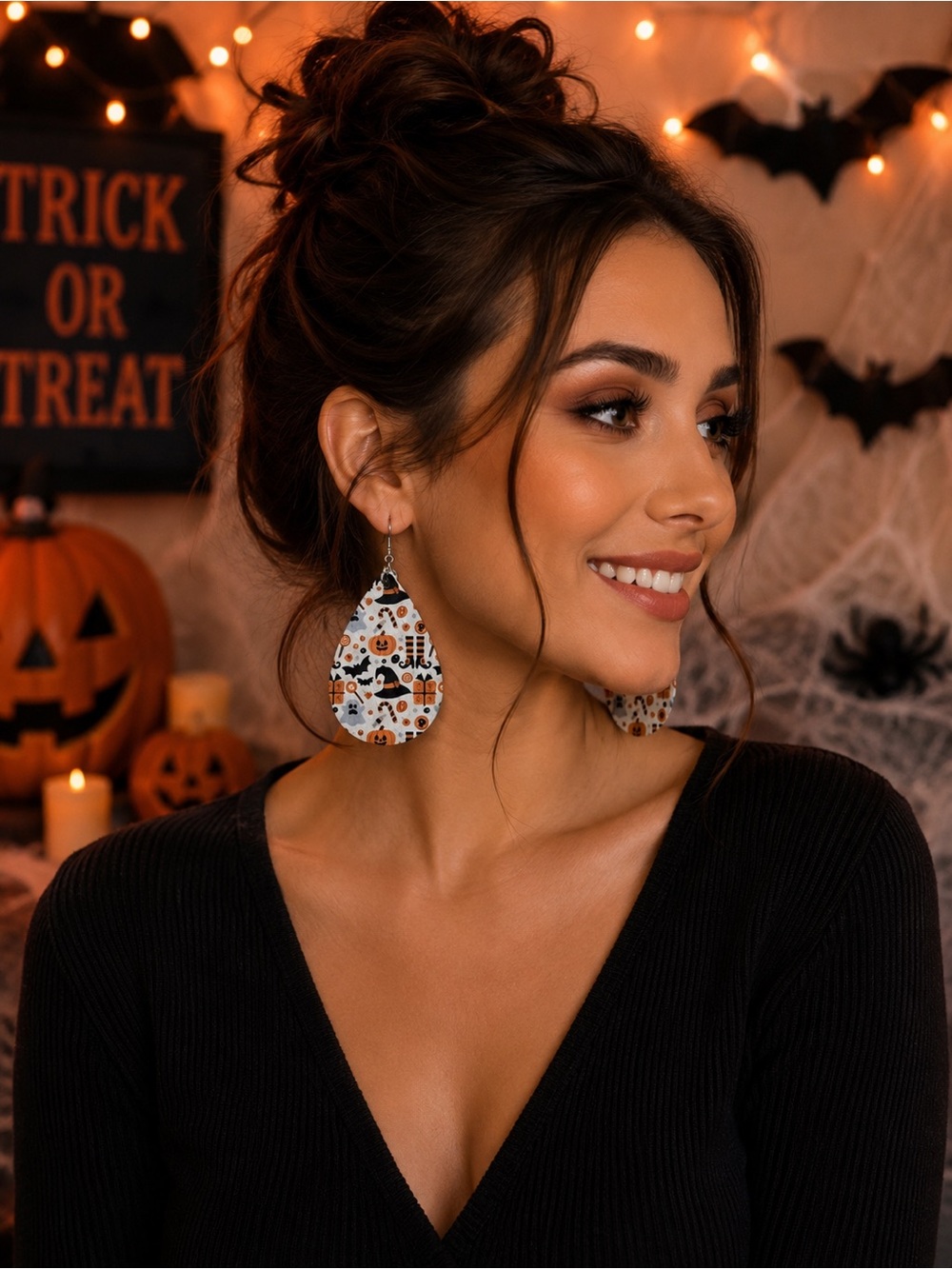 Spooky Chic Halloween Faux Leather Teardrop Earrings | Ghosts, Pumpkins & Witch